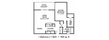 A floor plan of a small apartment with one bedroom and one bathroom.