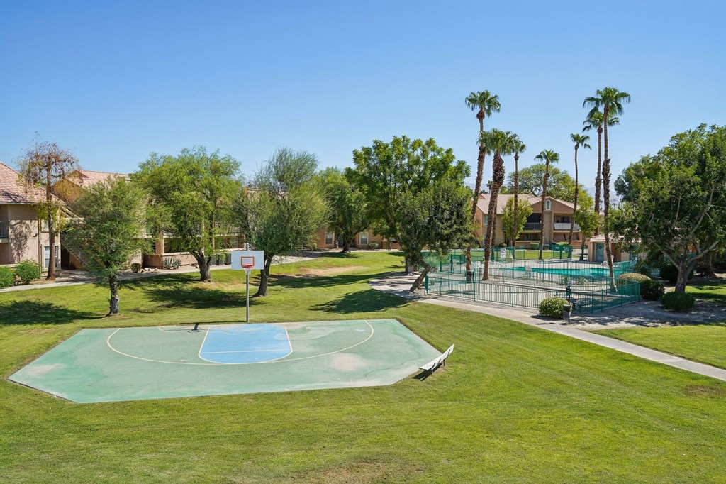 A basketball court is surrounded by palm trees and a pool.