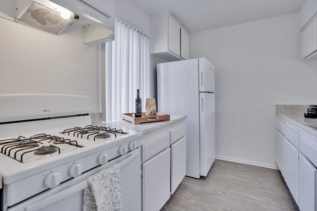 A white kitchen with a stove and refrigerator.