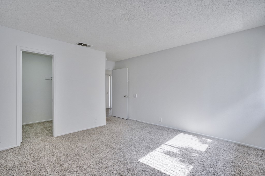 A white room with a carpet and two doors.