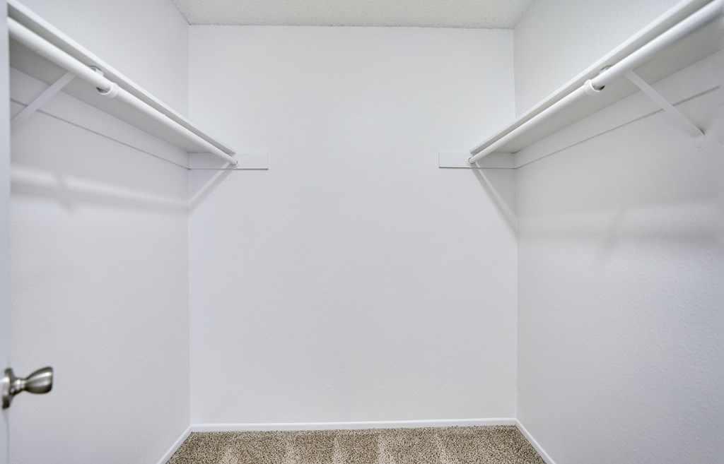 A white room with a carpeted floor and two white shelves on the wall.