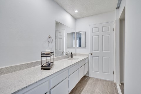 A bathroom with a white sink and a white door.