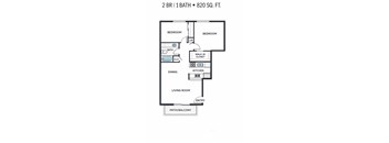 A floor plan of a 1 bedroom apartment with 820 square feet.