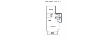 A floor plan for a 1 bedroom 1 bath apartment that is 650 square feet.