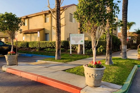 a sidewalk in front of an apartment building with a sign and trees