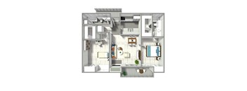 A 3D floor plan of a house with a kitchen, living room, and bathroom.