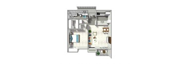 A floor plan of a small apartment with a kitchen, living room, and bedroom.