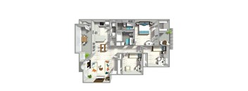 A 3D floor plan of a house with a kitchen, living room, and bedrooms.
