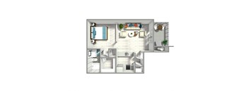 A 3D floor plan of a small apartment with a kitchen, living room, and bathroom.