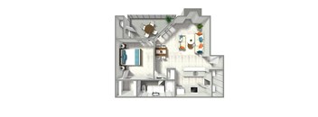 A 3D floor plan of a small apartment with a kitchen, living room, and bathroom.