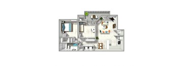 A 3D rendered image of a house layout.