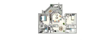 A 3D floor plan of a house with a kitchen, living room, and bathroom.