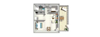 A 3D rendered image of a modern apartment layout.