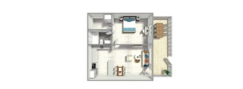 A 3D rendered image of a small apartment layout.