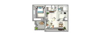 A floor plan of a small apartment with a kitchen, living room, and bathroom.