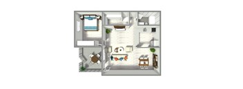 A 3D rendered image of a house layout.