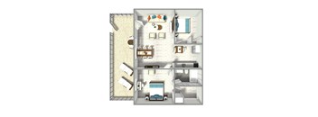 A top-down view of a two-story apartment with a living room, kitchen, dining area, and bedrooms.