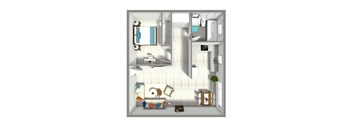 a stylized floor plan of a bedroom with a bathroom and living room