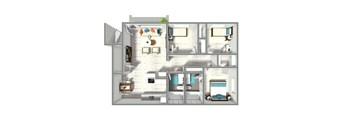 A 3D floor plan of a small apartment with a kitchen, living room, and bedroom.