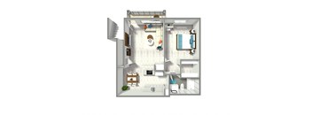 A top down view of a small apartment with a kitchen, living room, and bathroom.