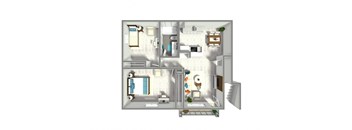 A 3D rendered image of a modern apartment layout.