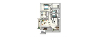A 3D rendered image of a house layout with a kitchen, living room, and bathroom.