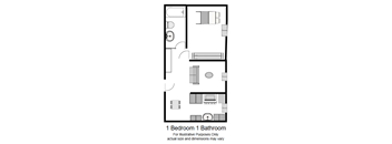 A floor plan of a one bedroom apartment with a bathroom.
