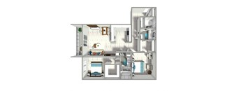 A drawing of a house with a kitchen, living room, and bathroom.