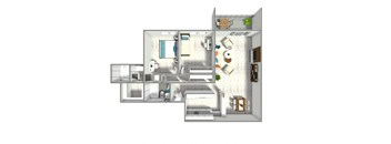 A 3D floor plan of a house with a kitchen, living room, and bedrooms.