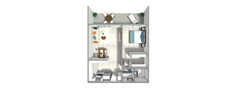 A top-down view of a small apartment with a kitchen, living room, and bathroom.