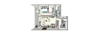 A 3D rendered image of a modern apartment layout.