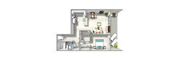 A 3D rendered image of a house layout.