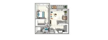 A 3D floor plan of a small apartment with a kitchen, living room, and bathroom.