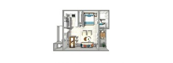 A 3D rendered image of a small apartment layout.