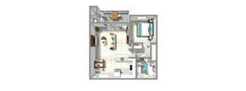 A 3D floor plan of a small apartment with a kitchen, living room, and bathroom.