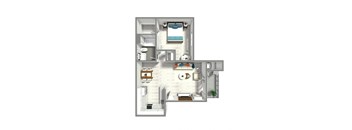 A 3D floor plan of a small apartment with a kitchen, living room, and bathroom.