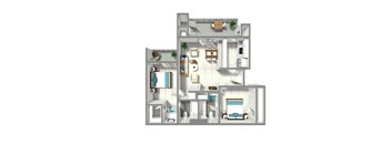A 3D floor plan of a house with a kitchen, living room, and bedrooms.