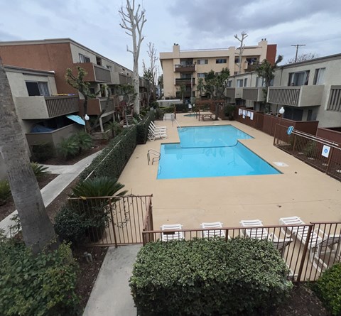 A pool surrounded by apartment buildings and greenery.