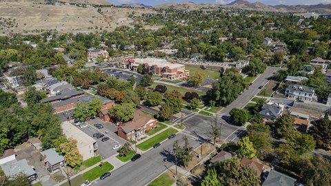 A small town with a large building in the center.