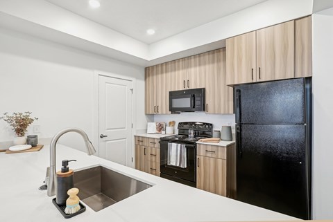 A modern kitchen with a black refrigerator and wooden cabinets.