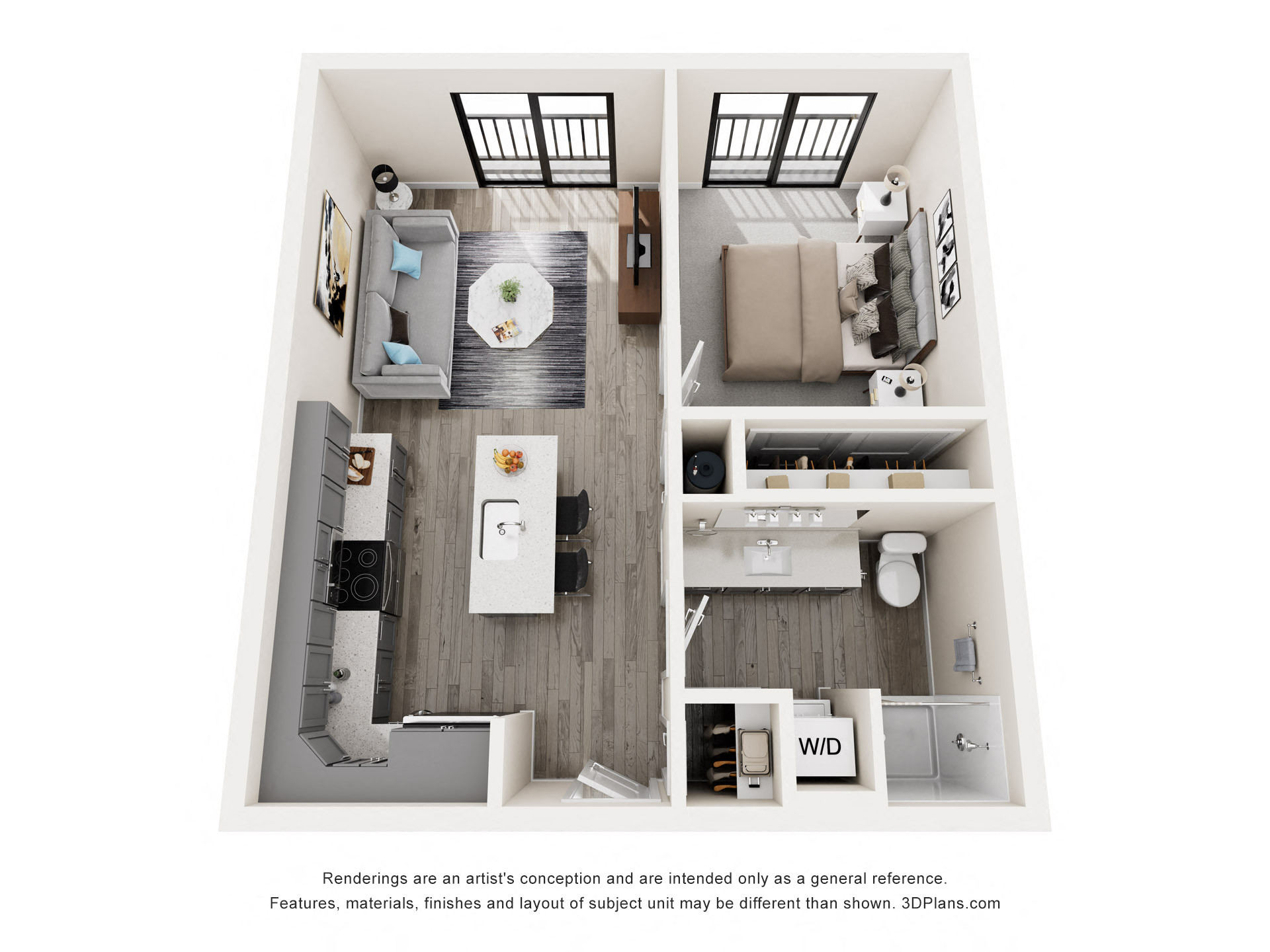 a 1 bedroom floor plan with a bathroom and a balcony