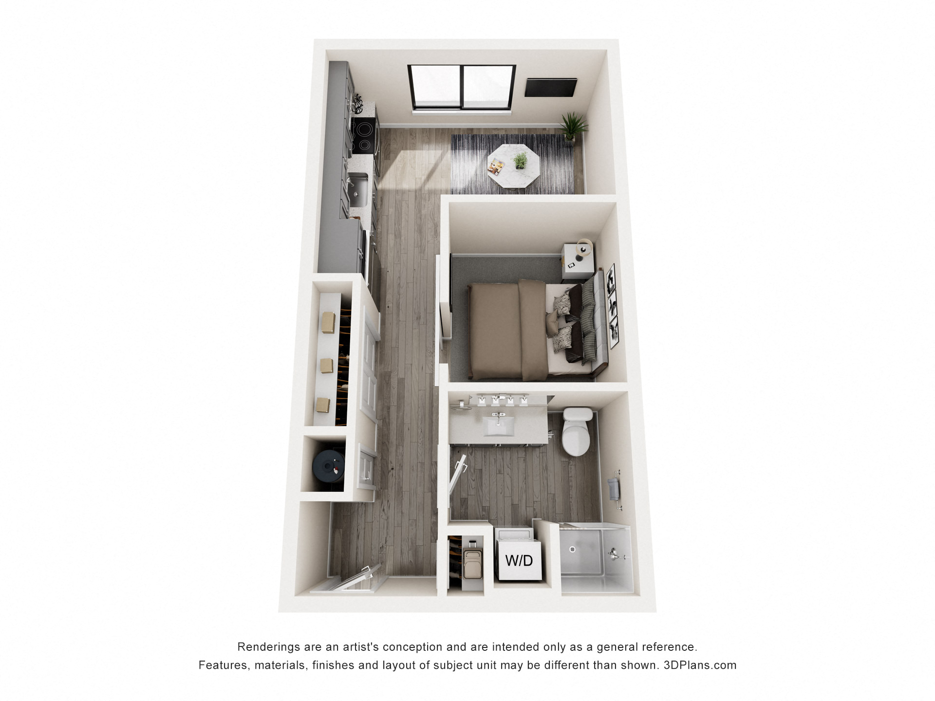 a stylized floor plan of a 1 bedroom floor plan