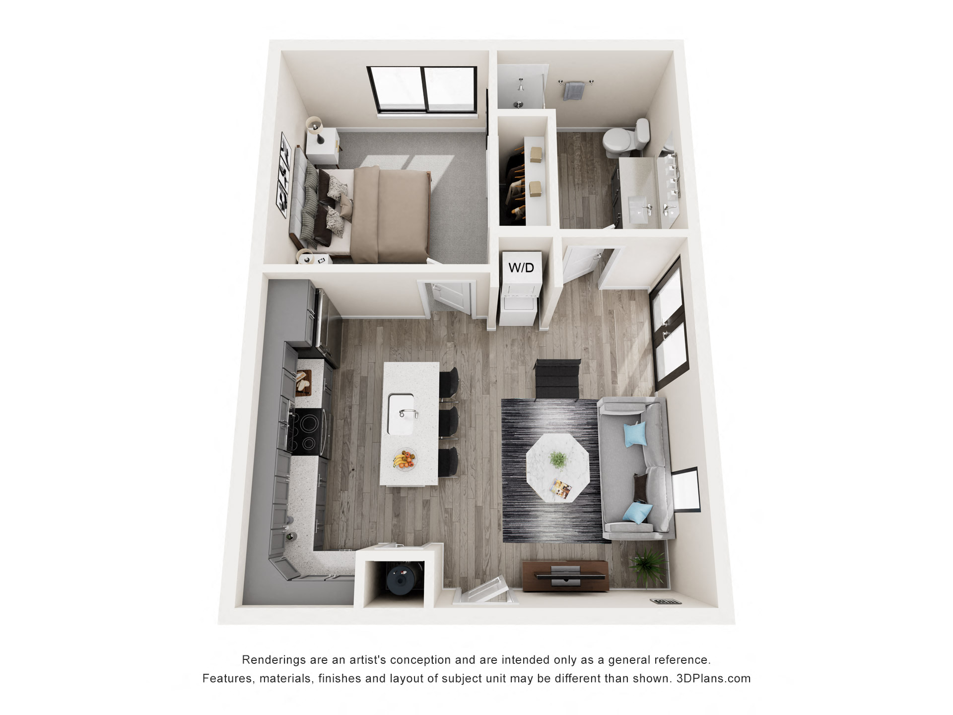 a stylized floor plan of a 1 bedroom with a bathroom