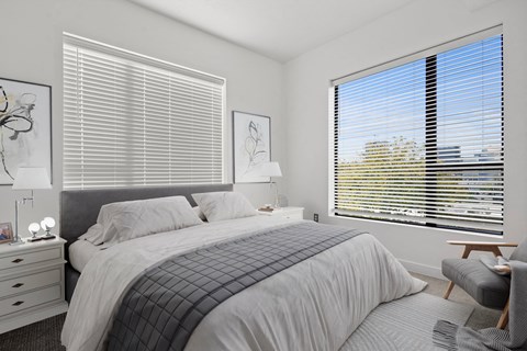 a bedroom with a large bed and two windows