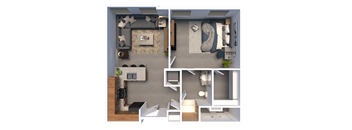 a 3d floor plan of a house with a bedroom and a living room