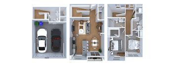 A 3D floor plan of a house with a car parked in the garage.