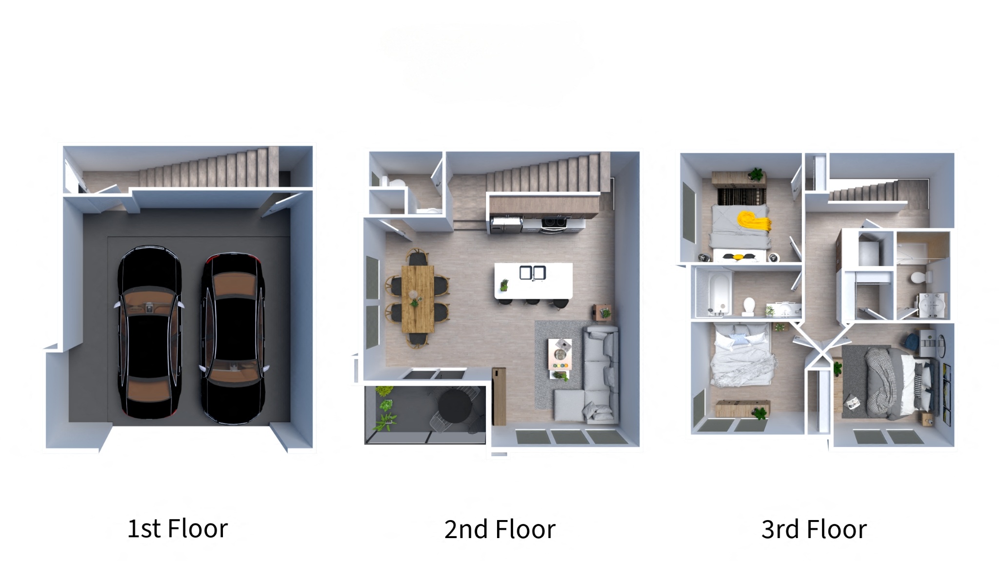 A diagram showing the layout of a three-story apartment.