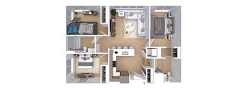 A 3D floor plan of a small apartment with a kitchen, living room, and bedrooms.
