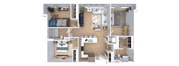 A 3D floor plan of a house showing a living room, kitchen, and bedrooms.