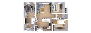 A 3D floor plan of a house with a kitchen, living room, and bedrooms.